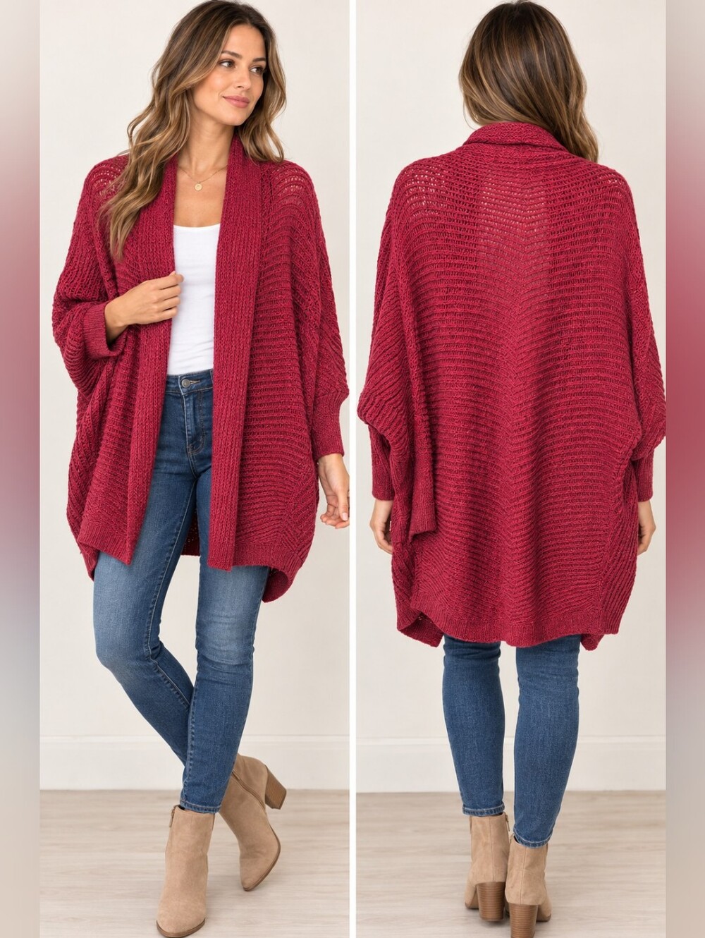 NIC+ZOE XS Raspberry Red Open Knit Oversized Cardigan Sweater Draped Boho Cocoon